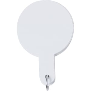 A round, white caliper tool attached to a metal keyring, designed for measurement and precision tasks.