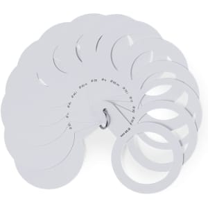 A set of white calipers arranged in a fan shape, connected by a metal ring. The product features measurement markings.