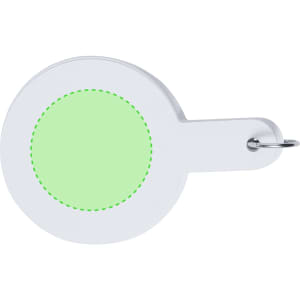 A round white Miant Caliper with a green dotted circle, featuring a keyring attached.