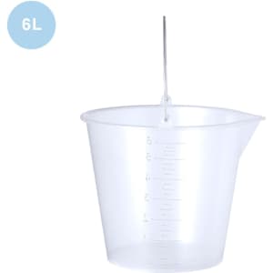 A transparent 6L measuring bucket with a pour spout and a metal handle. Features measurement lines on the side.