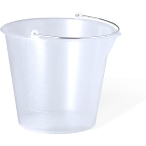 A transparent measuring bucket with a metallic handle and measurement markings on the side.