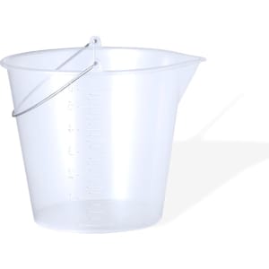 A transparent measuring bucket with a silver handle, featuring measurement markings on the side.