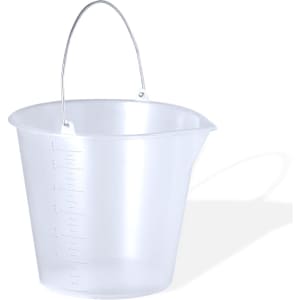 A clear plastic measuring bucket with a metal handle and measurement markings on the side.