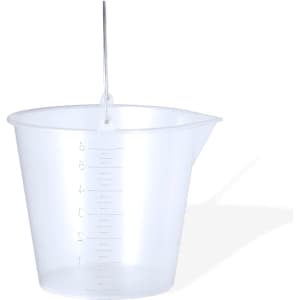 A clear plastic measuring bucket with measurement markings on the side and a pouring spout.