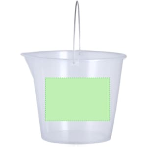 A transparent plastic measuring bucket with a silver handle and a blank green panel on the front.