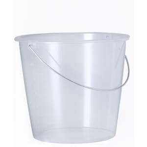 A transparent measuring bucket with a silver handle, featuring measurement markings on the side.