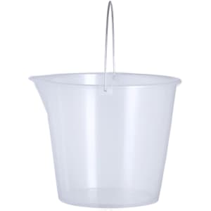 A clear plastic measuring bucket with a metal handle and a spout. Suitable for various outdoor activities.