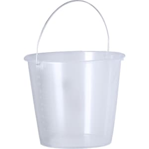 A transparent measuring bucket with a metal handle and measurement markings on the side.