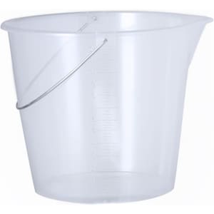 A transparent measuring bucket with a metal handle and measurement markings on the side.