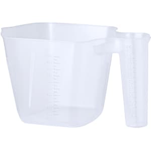 A clear plastic measuring jug with a handle and measurement markings on the side.