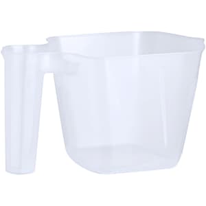 A transparent plastic measuring jug with a handle, featuring a square design. It has a logo on the side.