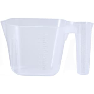 A clear plastic measuring jug with a handle and measurement markings on the side. It features a logo.