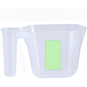A transparent plastic measuring jug with a handle, featuring a simple design and a space for branding.