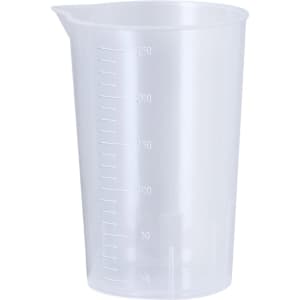 A clear plastic measuring cup with measurement markings, featuring a spout, used for liquid measurements.
