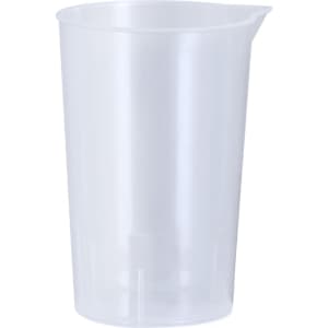 A clear plastic measuring cup with a spout, featuring a smooth surface and a simple design.