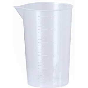 A clear plastic measuring cup with measurement markings and a spout, suitable for various home use.