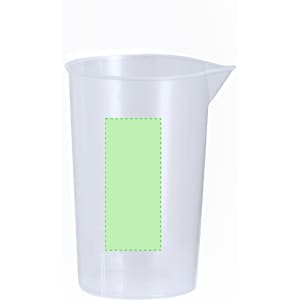 A transparent measuring cup with a spout, featuring a square area in light green for branding or design.