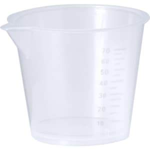 A clear plastic measuring cup with markings for measurement. It features a spout for easy pouring.