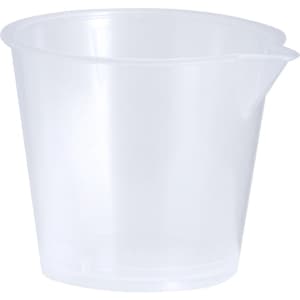 A clear plastic measuring cup with a spout, featuring a smooth surface and no visible markings.