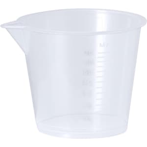 A clear plastic measuring cup with measurement markings, featuring a spout for easy pouring.
