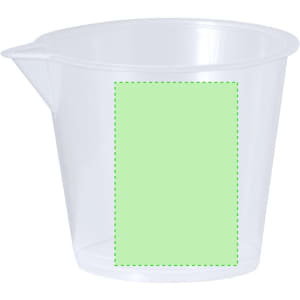 A transparent measuring cup with a spout, featuring a blank green label area on the side.