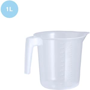 A transparent measuring jug with a handle, featuring measurement markings, holds 1 litre.