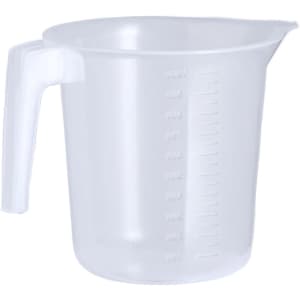 A clear plastic measuring jug with a handle and measurement markings on the side.