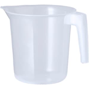 A translucent measuring jug with a sturdy handle, perfect for measuring liquids. Features a simple, clean design.