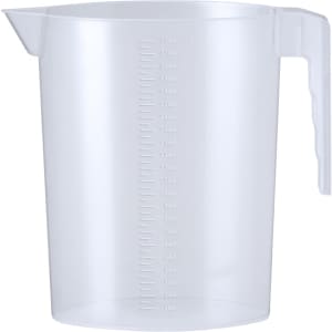 A clear plastic measuring jug with a handle, featuring measurement markings on the side.