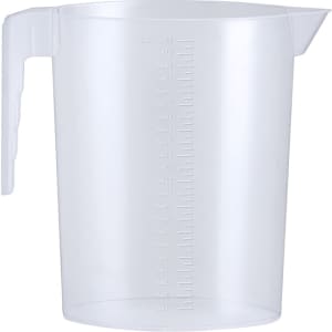 A clear plastic measuring jug with measurement markings and a handle. It features a spout for easy pouring.