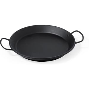 A black, round Abanda Plate with two handles, featuring a smooth, flat surface.