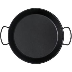 A round black cooking plate with two handles, featuring a smooth, flat surface.