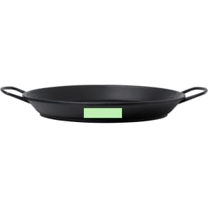A black serving plate with two handles, featuring a smooth, round surface and a slight raised edge.