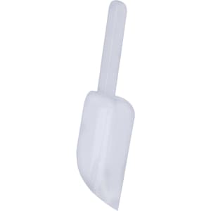 A white shovel with a curved scoop and a long handle, featuring a logo on the handle.