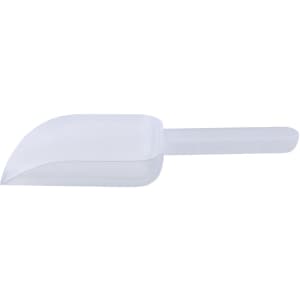 A clear plastic shovel with a curved scoop and a straight handle, designed for outdoor use.