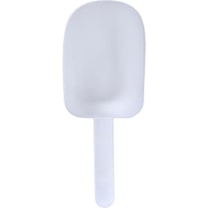A white shovel with a flat, wide blade and a long handle, suitable for outdoor use, with a branding logo.