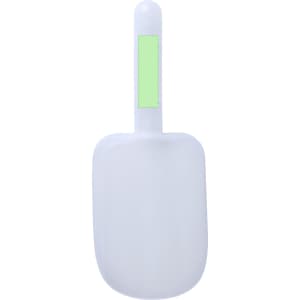 A white shovel with a smooth surface and a rounded handle, featuring a blank space for branding.