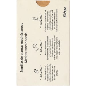 A pack of Mediterranean seed capsules with a natural colour, featuring illustrations and branding.