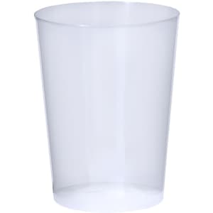 A plastic cup in clear design, featuring a simple cylindrical shape and a smooth surface.
