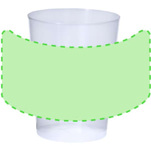 A plastic cup in clear colour with a green decorative band and a logo. Ideal for casual drinking occasions.