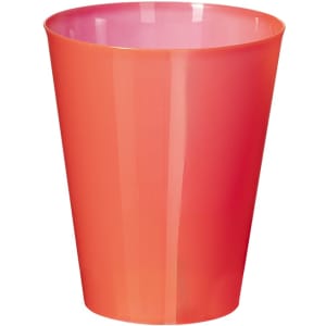 A plastic cup in a gradient of coral and pink colours, featuring a sleek, curved design and a logo on it.