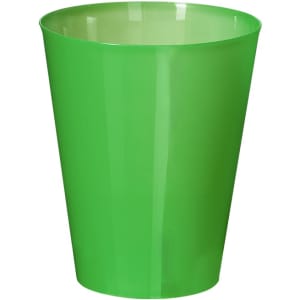 A green plastic cup with a tapered design and a glossy finish. It features a logo.