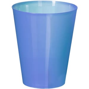 A blue plastic cup with a smooth surface and a tapered design. It features a logo on one side.