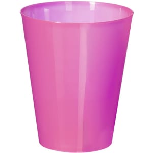A pink plastic cup with a smooth finish and a simple design, featuring a logo.