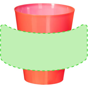 A plastic cup in vibrant coral with a branding label around the middle. Ideal for various beverages.