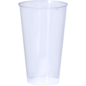A clear plastic cup with a cylindrical shape, featuring a smooth surface and a slightly tapered design.
