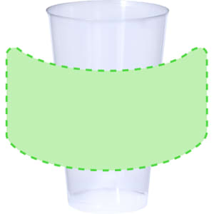 A transparent plastic cup with a green band around its middle area. The cup has a smooth finish and a simple design.