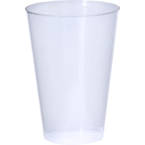 A clear plastic cup with a tapered design, featuring a glossy finish and a simple logo.