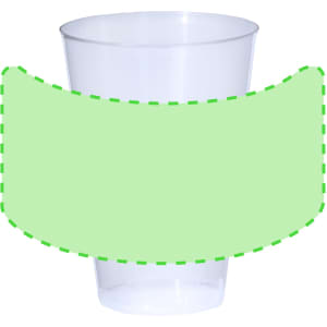 A transparent plastic cup with a green blank label area and a logo on its surface.