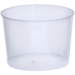 A transparent plastic cup with a rounded shape, featuring a smooth surface and a simple design.
